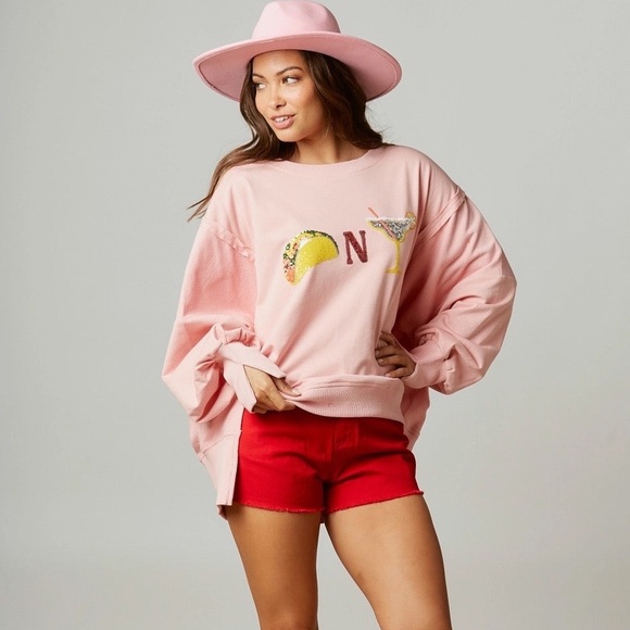 Boutique Fantastic Fawn Tacos & Margaritas Sequin Patch Light Pink Sweatshirt 🌮🍹 - Picture 4 of 14